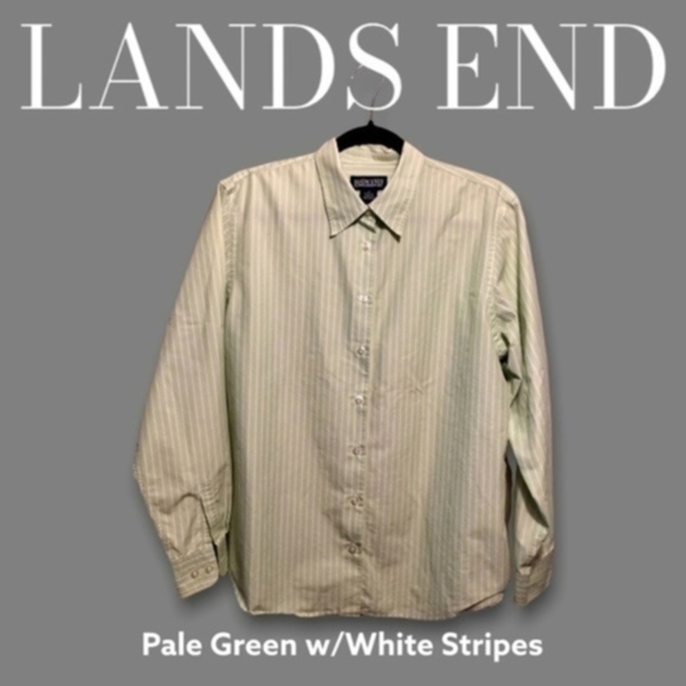 LANDS END Pale Green/White Striped Long Sleeve Classic Tailored Button Down-NWT